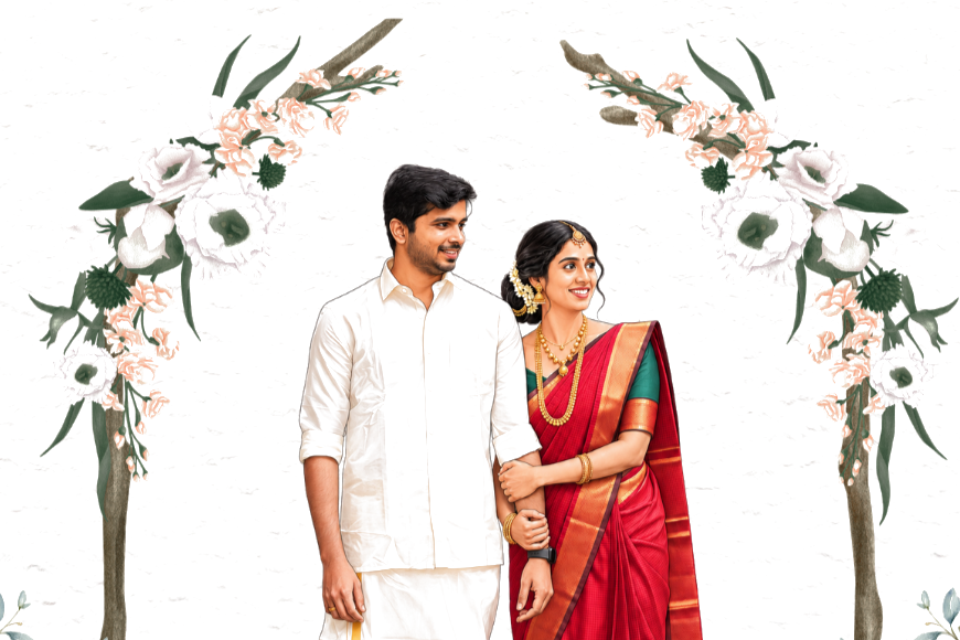 Illustration of Nandini & Dinesh beneath a floral wedding arch